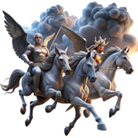 serene vintage A group of Valkyries, riding winged horses across a stormy sky, carrying fallen warriors to Valhalla. Dramatic, stormy lighting. Norse mythology style genuine png