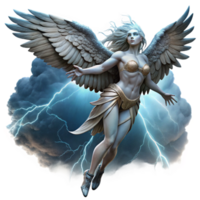 elegant rustic A beautiful harpy, with the face of a woman and the body of a bird, soaring through a stormy sky, Romantic painting style, dramatic lighting exclusive png