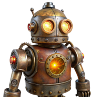 stunning abstract A rusty, steampunk robot with intricate gears and glowing amber eyes, lit by flickering candlelight in a vintage photograph style authentic png