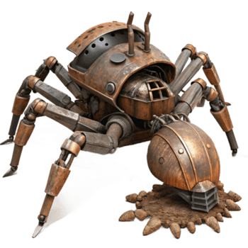 degno di nota contemporaneo un' gigante robotica ragno strisciando al di sopra di il relitto di un' navicella spaziale, arrugginito e Esposto alle intemperie trame, apocalittico ambientazione, dieselpunk stile autentico png