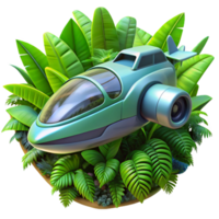 beautiful classic A futuristic vehicle flying through a dense jungle, sleek and aerodynamic design, vibrant green foliage, adventure style high quality png