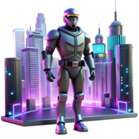 extraordinary minimalist A robot security guard patrolling a futuristic city, lit by neon signs and streetlights in a cyberpunk style high quality png