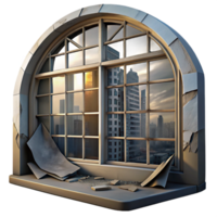 stunning vintage A broken window in an abandoned building, reflecting a distorted view of the cityscape. Urban decay style, natural lighting detailed png