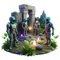 extraordinary traditional A group of robotic explorers examining ancient alien ruins, overgrown with glowing flora, dark and mysterious atmosphere, concept art style high quality png