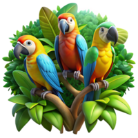 serene artistic A group of colorful macaws perched on a lush tropical tree, vibrant jungle colors with bokeh effect, digital art style authentic png