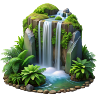 elegant minimalist A cascading waterfall surrounded by lush green moss and ferns, long exposure photography, diffused sunlight, realistic style genuine png