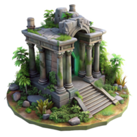 stunning rustic Ruined temple, overgrown with vegetation, ancient architecture, mystical atmosphere, fantasy style premium png