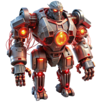 serene modern A colossal, war-torn robot with exposed wires and sparking circuits, lit by the red glow of a battlefield in a dystopian art style authentic png