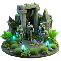 beautiful vintage A group of robotic explorers examining ancient alien ruins, overgrown with glowing flora, dark and mysterious atmosphere, concept art style exclusive png