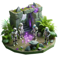 extraordinary contemporary A group of robotic explorers examining ancient alien ruins, overgrown with glowing flora, dark and mysterious atmosphere, concept art style professional png
