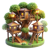 dramatic vintage Treehouse village, interconnected wooden structures, lush foliage, dappled sunlight, fantasy style premium png