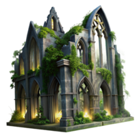wonderful minimalist A crumbling gothic cathedral overgrown with ivy, moonlight filtering through broken stained-glass windows, eerie and atmospheric, digital painting style high quality png