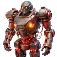 stunning vintage A colossal, war-torn robot with exposed wires and sparking circuits, lit by the red glow of a battlefield in a dystopian art style authentic png