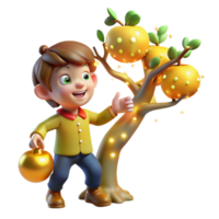 wonderful vintage A mischievous imp stealing a golden apple from a magical tree, lit by shimmering fairy lights, in a vibrant, cartoon style premium png