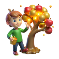 elegant minimalist A mischievous imp stealing a golden apple from a magical tree, lit by shimmering fairy lights, in a vibrant, cartoon style premium png