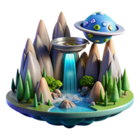 impressive rustic A spaceship landing on a lush alien planet, waterfalls cascading down towering mountains, vibrant flora and fauna surrounding the landing site. Photorealistic style exclusive png