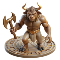 elegant rustic A powerful minotaur with a bronze axe, standing in a labyrinth, chiaroscuro lighting, Renaissance style detailed png