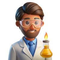 dramatic traditional Portrait of a curious scientist with lab goggles and a beaker, lit by the glow of a Bunsen burner, in a scientific illustration style exclusive png