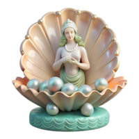 magnificent classic A serene Aphrodite rising from a giant scallop shell, adorned with pearls and coral, surrounded by gentle seafoam, in a classical, Renaissance painting style detailed png