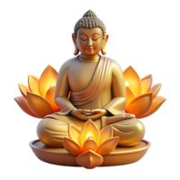 elegant classic A serene, meditating Buddha statue emanating a golden aura, surrounded by floating, glowing lotuses, illuminated by a soft, divine light. Buddhist art style professional png