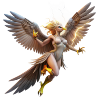 stunning traditional A fierce harpy with the body of a bird and the head of a woman, swooping down from the sky, lit by lightning, in a dynamic, Baroque style genuine png