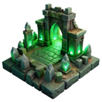 serene creative An ancient, crumbling ruin with glowing, mystical runes carved into its walls, illuminated by an eerie, green light. Dark fantasy landscape art style authentic png