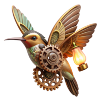 beautiful rustic serene classic A steampunk hummingbird with delicate, filigree wings made of gears and cogs, hovering near a clockwork flower, illuminated by a single spotlight detailed authentic png