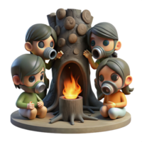 serene abstract A group of children, wearing gas masks, huddled around a flickering fire within the hollowed-out trunk of a giant, dead tree. Dark, low-key lighting, dystopian, concept art 4K png