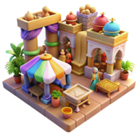 extraordinary creative A bustling marketplace in ancient Babylon, filled with merchants and exotic goods, vibrant colors, midday sun, impressionistic style, high quality png