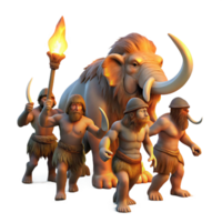 serene artistic A group of cavemen hunting a mammoth, illuminated by flickering torchlight. Prehistoric, realistic style high resolution png
