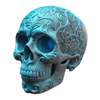 elegant modern A human skull with intricate, floral filigree patterns etched into the bone and glowing with bioluminescent energy, lit by a mysterious, internal light, in an art nouveau style 4K png