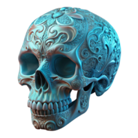 wonderful modern A human skull with intricate, floral filigree patterns etched into the bone and glowing with bioluminescent energy, lit by a mysterious, internal light, in an art nouveau style 4K png
