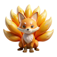 dramatic modern A mischievous kitsune with nine fluffy tails, each tipped with a different vibrant color, playful expression, lit by warm, golden sunlight. Style Kemono Friends authentic png