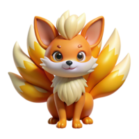 vibrant modern A mischievous kitsune with nine fluffy tails, each tipped with a different vibrant color, playful expression, lit by warm, golden sunlight. Style Kemono Friends original png