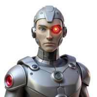 vibrante artístico uma estóico cyborg com intrincado mecânico aumentos, uma solteiro vermelho olho brilhando intensamente, dentro severo, iluminado por neon cyberpunk beco iluminação. estilo fantasma dentro a Concha profissional png