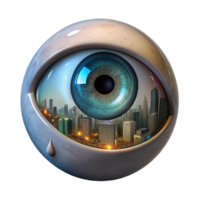 wonderful rustic A single tear rolling down a giant, hyperrealistic eye, reflecting a distorted view of a bustling city street, lit by streetlamps and neon signs, Photorealistic Surrealism style 4K png