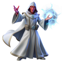stunning classic A powerful sorcerer with flowing white robes and glowing hands, casting a spell of swirling arcane energy, under dramatic, stormy lighting. Style Slayers exclusive png