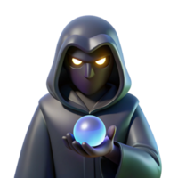 extraordinary contemporary A mysterious masked figure cloaked in shadows, holding a glowing orb of unknown power, under ominous, low-key lighting. Style Darker than Black exclusive png