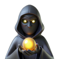 stunning vintage A mysterious masked figure cloaked in shadows, holding a glowing orb of unknown power, under ominous, low-key lighting. Style Darker than Black detailed png