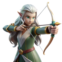 An elegant elven archer with long, silver hair and pointed ears, aiming a bow and arrow made of pure light, under dappled forest lighting. Style Record of Lodoss War png