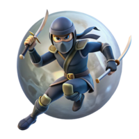 extraordinary creative A dynamic action scene featuring a ninja leaping through the air, wielding twin katanas, under dramatic, moonlight lighting. Style Basilisk original png