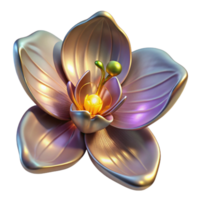 vibrant modern Biomechanical orchid with metallic petals and glowing pollen, soft, diffused lighting, botanical illustration style professional png