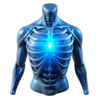maravilloso artístico un humano torso con expuesto costillas y un brillante núcleo de energía, etéreo azul brillo, cyberpunk estilo auténtico png