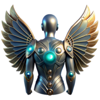 elegant vintage Biomechanical wings unfolding from a human back, feathers replaced with metallic plates and glowing circuitry, dramatic backlighting, fantasy style 4K png