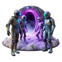 elegant traditional A group of space explorers in sleek, futuristic suits discovering a hidden, glowing portal amidst the swirling dust clouds of a nebula. Cyberpunk style, neon lighting original png