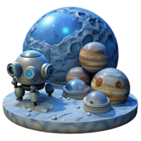 dramatic vintage A group of robotic probes exploring the icy surface of Europa, under the faint, blue light of Jupiter. Photorealistic style, scientific accuracy high resolution png
