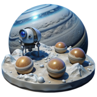 dramatic creative A group of robotic probes exploring the icy surface of Europa, under the faint, blue light of Jupiter. Photorealistic style, scientific accuracy professional png