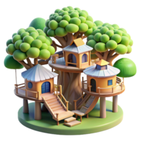stunning rustic Treehouse village, interconnected platforms and walkways, dappled sunlight filtering through the leaves, whimsical and playful style professional png