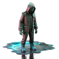 serene vintage A lone figure in tattered clothing, hunched against a corrosive acid rain, illuminated by flickering neon signs reflecting in puddles, cyberpunk style, high resolution png