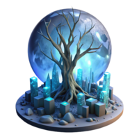 stunning creative A bioluminescent tree growing from a decaying cityscape, illuminated by its own ethereal glow and the faint light of a shattered moon, surreal and dreamlike, high resolution png